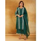 Green Bandhani Printed Chanderi Suit- Set of 3