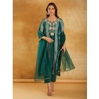 Green Bandhani Printed Chanderi Dori Embroidered Suit- Set of 3