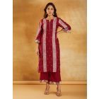 Red Bandhani Printed Chanderi Kurta with Pants- Set of 2