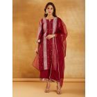 Red Bandhani Printed Chanderi Suit- Set of 3