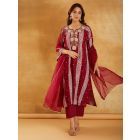 Red Bandhani Printed Chanderi Dori Embroidered Suit- Set of 3