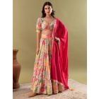 Pista Green Printed Muslin Silk Lehenga Set- Set of 3