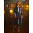 Blue Mirror Work Velvet Kurta with Cotton Silk Pants- Set of 2