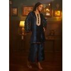 Blue Embroidered Velvet Kurta with Palazzo- Set of 2