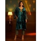 Green Embroidered Velvet Choga with Cotton Silk Pants- Set of 2