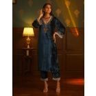 Blue Embroidered Velvet Scalloped Kurta with Pants- Set of 2