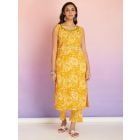 Yellow Hand Block Printed Cotton Kurta with Pants- Set of 2