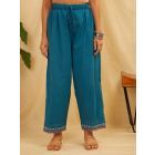 Teal Blue Embroidered Cotton Pants