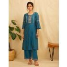 Teal Blue Embroidered Chanderi Kurta