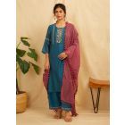 Teal Blue Embroidered Chanderi Suit- Set of 3