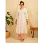 Off White Embroidered Cotton Linen Kurta with Pants- Set of 2