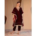 Maroon Embroidered Velvet Kaftan with Pants- Set of 2