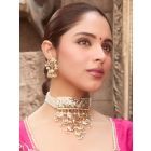 Gold Plated White Handcrafted Brass Choker with Earrings - Set of 2