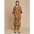Multicolor Striped Linen Kurta with Pants - Set of 2