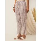 Off White Purple Hand Block Printed Cotton Pants