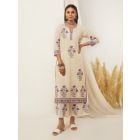 Off White Purple Hand Block Printed Cotton Kurta