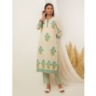 Off White Green Hand Block Printed Cotton Kurta with Palazzo- Set of 2