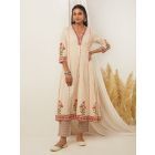 Off White Red Hand Block Printed Cotton Kurta