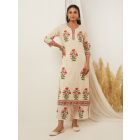 Off White Red Hand Block Printed Cotton Kurta