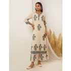 Off White Blue Hand Block Printed Cotton Kurta with Palazzo- Set of 2