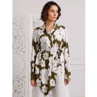 Olive Green Hand Block Printed Viscose Hand Embroidered Draped Shirt