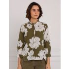 Olive Green Hand Block Printed Cotton Linen Embroidered Shirt