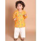 Yellow Pink Printed Cotton Kurta with White Pajama - Set of 2