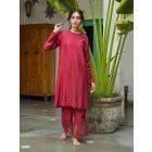 Maroon Mukaish Work Cotton Silk Flared Kurta with Palazzo- Set of 2