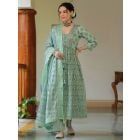 Green Printed Cotton Suit- Set of 3