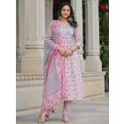 Pink Printed Cotton Suit- Set of 3