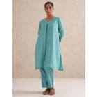 Turquoise Checkered Cotton Kurta with Pants- Set of 2