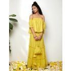 Yellow Cotton Lurex Off Shoulder Top with Potli and Skirt- Set of 3