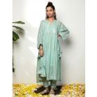 Mint Green Cotton Lurex Kurta with Potli and Pants- Set of 3