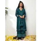 Dark Green Cotton Lurex Kurta with Potli and Pants- Set of 3