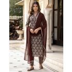 Brown Dabu Hand Block Printed Cotton Suit with Chiffon Dupatta- Set of 3