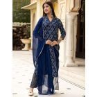 Blue Dabu Hand Block Printed Cotton Suit with Chiffon Dupatta- Set of 3