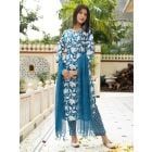 Blue Hand Block Printed Cotton Suit with Kota Doria Dupatta- Set of 3