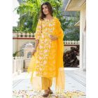 Yellow Hand Block Printed Cotton Suit with Kota Doria Dupatta- Set of 3