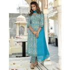 Blue Hand Block Printed Cotton Angrakha Suit with Chiffon Dupatta- Set of 3