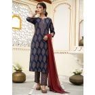 Navy Blue Hand Block Printed Cotton Suit with Maroon Kota Doria Dupatta- Set of 3