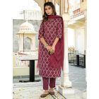 Burgundy Printed Cotton Suit with Kota Doria Dupatta- Set of 3