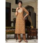 Beige Hand Block Printed Cotton Kurta with Pants- Set of 2