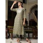 Green Hand Block Printed Cotton Kurta with Pants- Set of 2