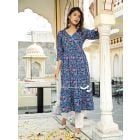 Blue Printed Cotton Angrakha Kurta with White Pants- Set of 2