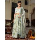 White Blue Hand Block Printed Cotton Lehenga- Set of 3