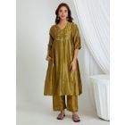 Mehendi Green Hand Embroidered Chanderi Kurta with Slip