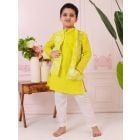 Lime Green Cotton Kurta with Jacket and Pajama - Set of 3