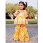 White Yellow Printed Cotton Kurta with Sharara - Set of 2