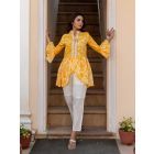 Yellow Tie and Dye Cotton Embroidered Asymmetric Shirt with White Pants- Set of 2