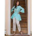 Sea Green Tie and Dye Cotton Embroidered Asymmetric Shirt with White Pants- Set of 2